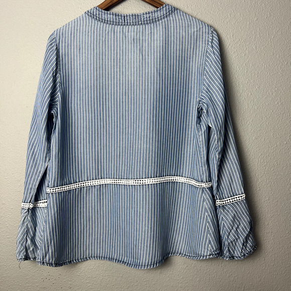 Kelly Renee Blouse Women Medium Blue Striped Long Sleeve Bell Sleeve V Neck Boho - Picture 3 of 9